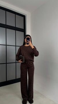 Kahve Kazak Beli Lastikli Pantolon Taş Detaylı Tasarım İkili Modal Takım GAUS-00674GAUSTAKIMGAUS-00674