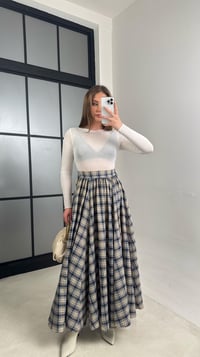 Bej Beli Lastikli Pileli Ekose Desenli Etek GAUS-01056GAUSSkirtGAUS-01056