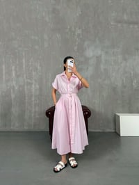 Pembe Kuşaklı Beli Lastikli Poplin Gömlek Elbise Gaus00083GausELBİSEGU1001197