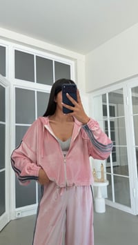Pembe Şerit Detaylı Hırka Beli Lastikli Pantolon İkili Kadife Takım GAUS-02197GAUSSuitsGAUS-02197