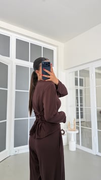 Kahve Vatkalı Beli Ayarlanabilir Bluz Beli Lastikli Pantolon İkili Takım GAUS-01872GAUSSuitsGAUS-01872