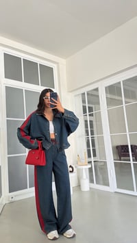 Kırmızı Şerit Detaylı Ceket Beli Lastikli Pantolon İkili Denim Takım GAUS-02094GAUSTAKIMGAUS-02094