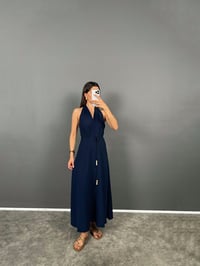 Aren Lacivert Boyundan Geçirmeli Uzun Keten Elbise GausELBİSEGU008786