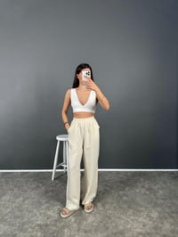 Allda Ekru İthal Kumaş Beli Lastikli Pantolon GausPANTOLONGU008057