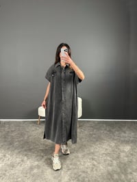 Vogi Füme Premium Kalite Oversize Uzun Kemerli Kot Elbise GausELBİSEGU004501