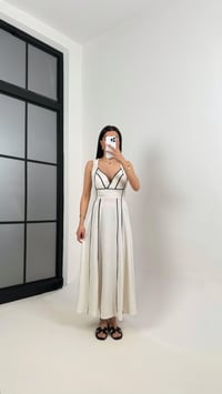 Taş Siyah Şerit Detaylı Tasarım Keten Elbise Gaus00370GausELBİSEGU1001862