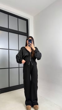 Siyah Saten Detaylı Hırka Beli Lastikli Pantolon Tasarım Takım GAUS-01096GAUSTAKIMGAUS-01096