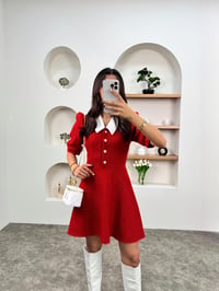Tiyon Kırmızı Düğme Detaylı Beyaz Bebe Yaka Tüvit ElbiseGausELBİSEGU00903714