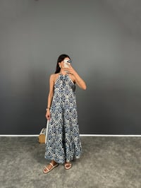 Selly Boyun Bağlamalı Mavi Desenli ElbiseGausELBİSEGU008361