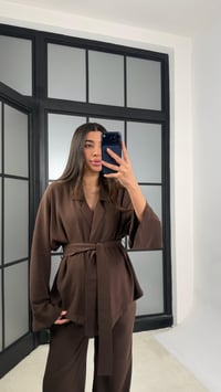 Acı Kahve Kuşaklı Ceket Beli Lastikli Pantolon Tencel Takım GAUS-01128GAUSTAKIMGAUS-01128