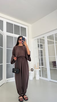 Kahve Yarasa Kol Bluz Beli Lastikli Şalvar Pantolon İkili Tencel Takım GAUS-01840GAUSSuitsGAUS-01840