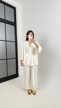 Ekru Kuşaklı Kimono Beli Lastikli Cepli Pantolon Keten Takım Gaus00397GausTAKIMGU1001930