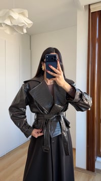 Kahve Yılan Derisi Desenli Kuşaklı Astarlı Deri Ceket GAUS-00619GAUSCEKETGAUS-00619