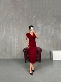 Bordo Önden Drapeli V Yaka Vatkalı Elbise Gaus00056GausELBİSEGU1001131