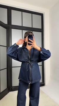 Lacivert Kuşaklı Fermuarlı Ceket Pantolon İkili Denim Takım GAUS-01197GAUSTAKIMGAUS-01197