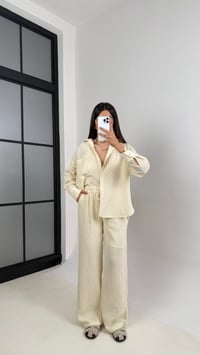 Sarı Taş Çizgili Cepli Gömlek Beli Lastikli Pantolon Müslin Takım Gaus00580GausTAKIMGU1002351