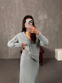 Abel Gri Taş Düğmeli Hırka Etek Yumuşak Triko TakımGausTAKIMGU00904414