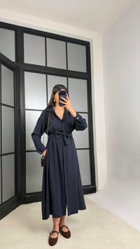 Lacivert Beli Lastikli Kuşaklı Tencel Elbise GAUS-01286GAUSELBİSEGAUS-01286
