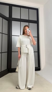 Ekru Kemer Detaylı Bluz Beli Lastikli Pantolon İkili Modal Takım GAUS-01228GAUSTAKIMGAUS-01228