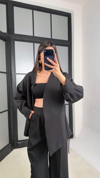 Siyah Belden Kuşaklı Ceket Beli Lastikli Pantolon İkili Takım GAUS-01206GAUSTAKIMGAUS-01206