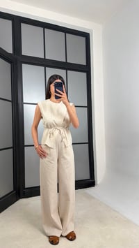 Taş Kuşaklı Bluz Beli Lastikli Pantolon İkili Keten Takım GAUS-01540GAUSTAKIMGAUS-01540