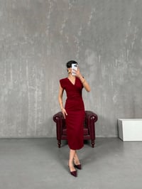 Bordo Önden Drapeli V Yaka Vatkalı Elbise Gaus00056GausELBİSEGU1001131