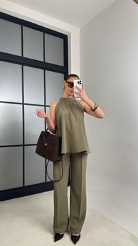 Haki Sıfır Kol Bluz Beli Lastikli Pantolon İkili Premium Takım GAUS-00984GAUSTAKIMGAUS-00984