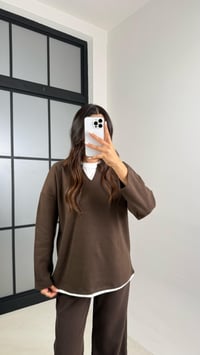 Kahve Tshirt Detaylı Kazak Beli Lastikli Pantolon İkili Triko Takım GAUS-00485GAUSTAKIMGAUS-00485