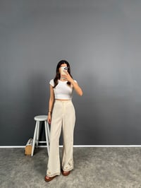 Cans Ekru Nakış İşlemeli Keten Karışımlı Bol Paça PantolonGausPANTOLONGU008614