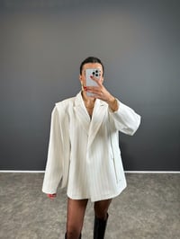 Anis Premium Beyaz Çizgili Bağlamalı Astarlı Blazer CeketGausCEKETGU004332