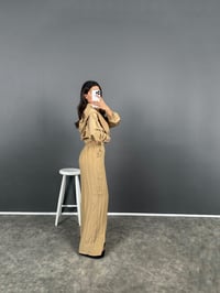 Seba Camel Kırışık Tensel Kumaş Kapüşonlu Fermuarlı Üst Pantolon İkili TakımGausTAKIMGU008676