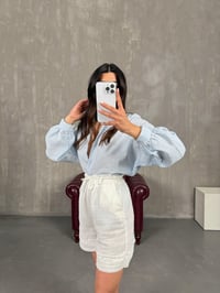 Beyaz Beli Lastikli Kuşaklı Cepli Müslin Kumaş Şort Gaus00267GausŞORTGU1001615