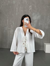 Beyaz Önden Bağlamalı Keten Kimono Takım Gaus00101GausTAKIMGU1001221