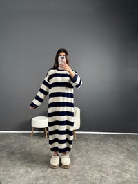 Hedy Lacivert Çizgili Oversize Uzun Triko ElbiseGausELBİSEGU004157