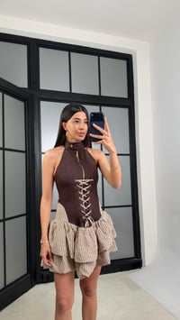Acı Kahve Korse Detaylı Kareli Elbise GAUS-01531GAUSELBİSEGAUS-01531