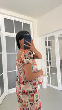 Çok Renkli Balon Kol Bluz Pantolon Desenli Keten Takım GAUS-01758GAUSTAKIMGAUS-01758