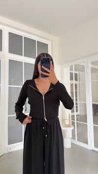 Siyah Kapüşonlu Hırka Beli Lastikli Geniş Paça Pantolon İkili OYS Modal Kumaş Takım GAUS-02152GAUSTAKIMGAUS-02152