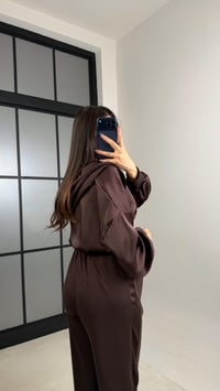 Acı Kahve Saten Detaylı Hırka Beli Lastikli Pantolon Tasarım Takım GAUS-01096GAUSTAKIMGAUS-01096