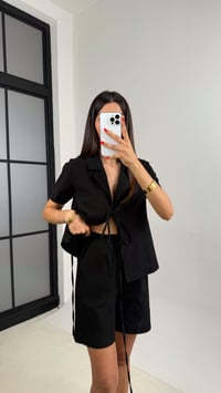 Siyah Önden Bağlamalı Gömlek Beli Lastikli Şort İkili Keten Takım GAUS-0028GAUSTAKIMGAUS-0028