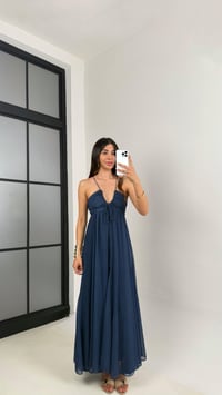 Lacivert Beyaz Puantiyeli Dekolteli Astarlı Şifon Elbise Gaus00578GausELBİSEGU1002348