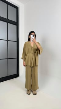 Haki Kuşaklı Kimono Beli Lastikli Cepli Pantolon Keten Takım Gaus00397GausTAKIMGU1001931