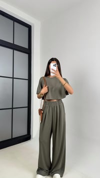 Haki Crop Beli Lastikli Palazzo Eşofman İkili Modal Kumaş Takım GAUS-01219GAUSTAKIMGAUS-01219