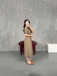 Kahve V Yaka Düğmeli Keten Midi Boy Elbise Gaus00169GausELBİSEGU1001391