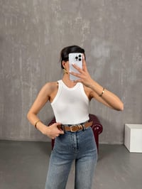 Krem Taş Baskılı Sıfır Kol Tshirt Gaus00046GausTSHIRTGU1001097