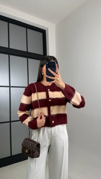 Bordo Gold Düğmeli Şeritli Triko Hırka GAUS-00859GAUSHIRKAGAUS-00859