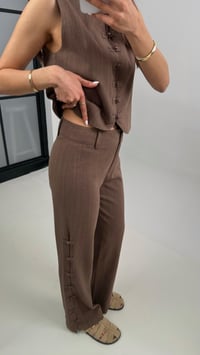 Kahve Düğmeli Tasarım Yelek Pantolon Keten Takım Gaus00339GausTAKIMGU1001789