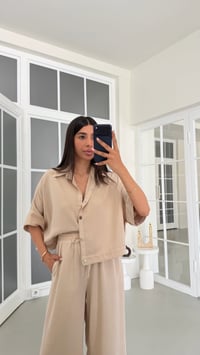 Taş Yarasa Kol Gömlek Beli Lastikli Pantolon Tencel Denim Takım GAUS-01785GAUSTAKIMGAUS-01785
