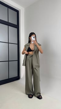 Haki Cepli Kuşaklı Yelek Beli Lastikli Pantolon Tencel Takım Gaus00433GausTAKIMGU1002005