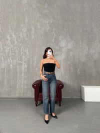 Lisa Mavi Eskitme Kesik Paça Kahve Kemerli Yüksek Bel JeanGausDENİM PANTOLONGU100439