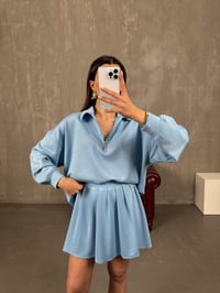Mizu Mavi Yaka Fermuarlı Sweat Pileli Şortlu Etek Modal TakımGausTAKIMGU100787